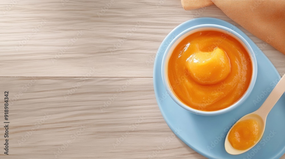 Top view of baby food with a bib and spoon, ample space for text Top view of baby food with a bib and spoon, ample space for text