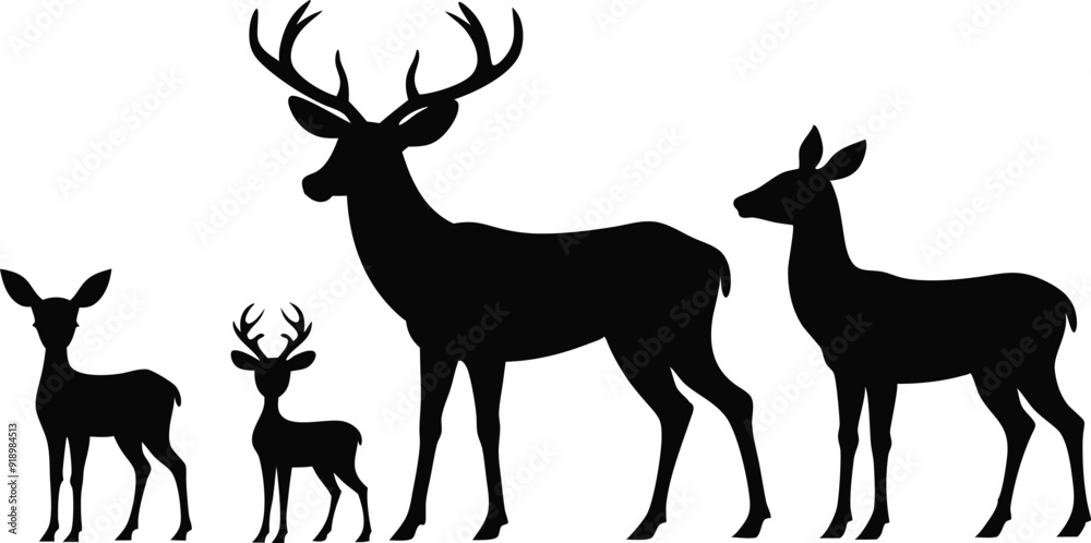 Fototapeta premium Black Deer Family and Calf Silhouettes