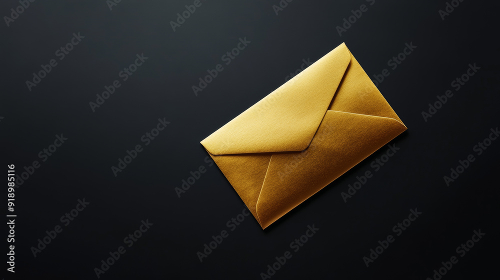 Gold Envelope on Black Background: A sophisticated design showcasing a gold envelope against a black flat background. This striking contrast highlights the envelope's luxurious appeal and is ideal Gold Envelope on Black Background: A sophisticated design showcasing a gold envelope against a black flat background. This striking contrast highlights the envelope's luxurious appeal and is ideal