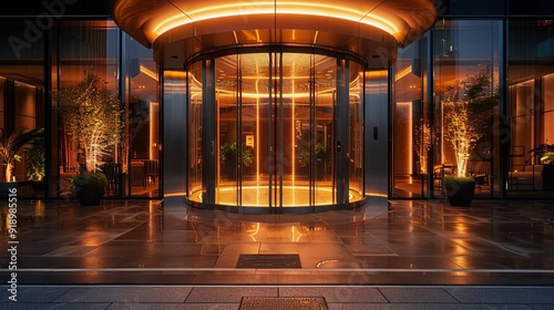 A glass revolving door of a luxury hotel, elegantly illuminated by warm, ambient lighting