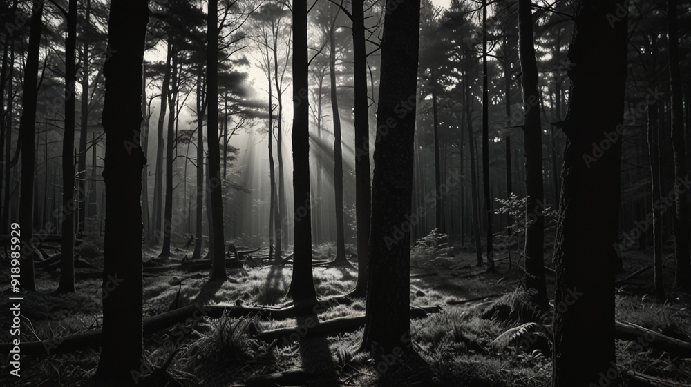 Obraz premium Black and white photo of foggy forest with tree trunks.