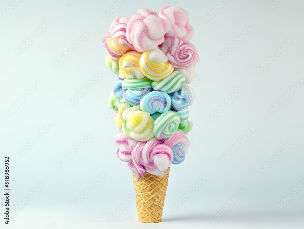 Towering cone of colorful cotton candy with whimsical swirls, carnival delight, sugary clouds, childhood nostalgia, sweet fluffiness, fairground magic, Towering cone of colorful cotton candy with whimsical swirls, carnival delight, sugary clouds, childhood nostalgia, sweet fluffiness, fairground magic,