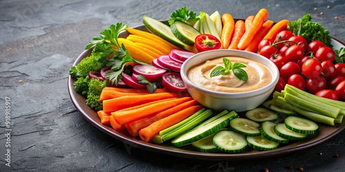 Raw vegetable crudites with hummus dip on background , healthy, fresh, colorful, snack, appetizer, vegan, vegetarian photo