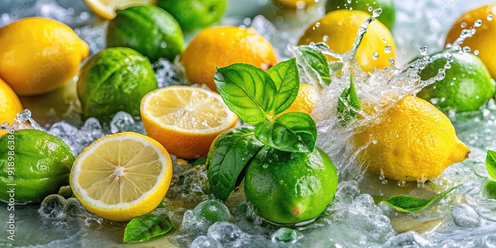 Fresh lemons, limes and basil being washed in water , citrus, fresh herbs, cleaning, washing, food preparation, kitchen