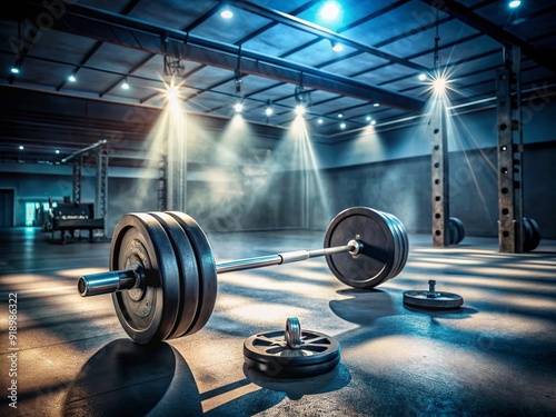 A metallic barbell with weighted plates lies on the floor amidst scattered gym equipment, spotlight shining down, awaiting the next intense weightlifting session. photo