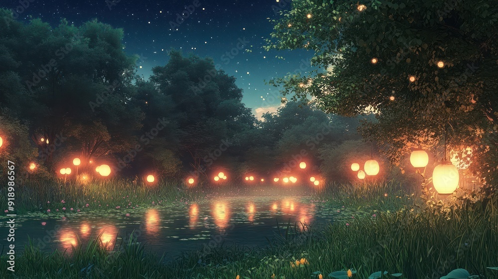 Naklejka premium A Serene Nighttime Forest Scene with Glowing Lanterns and a Reflective Pond