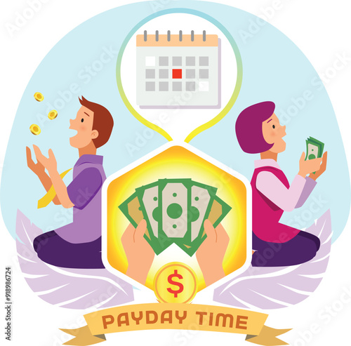 Happy woman and man getting money on payday time. Suitable to use as Social Media Content, Greeting Cards, Landing Page, UI, Poster and Mobile Apps. FREELY ADJUSTED POSE. Vector Illustration