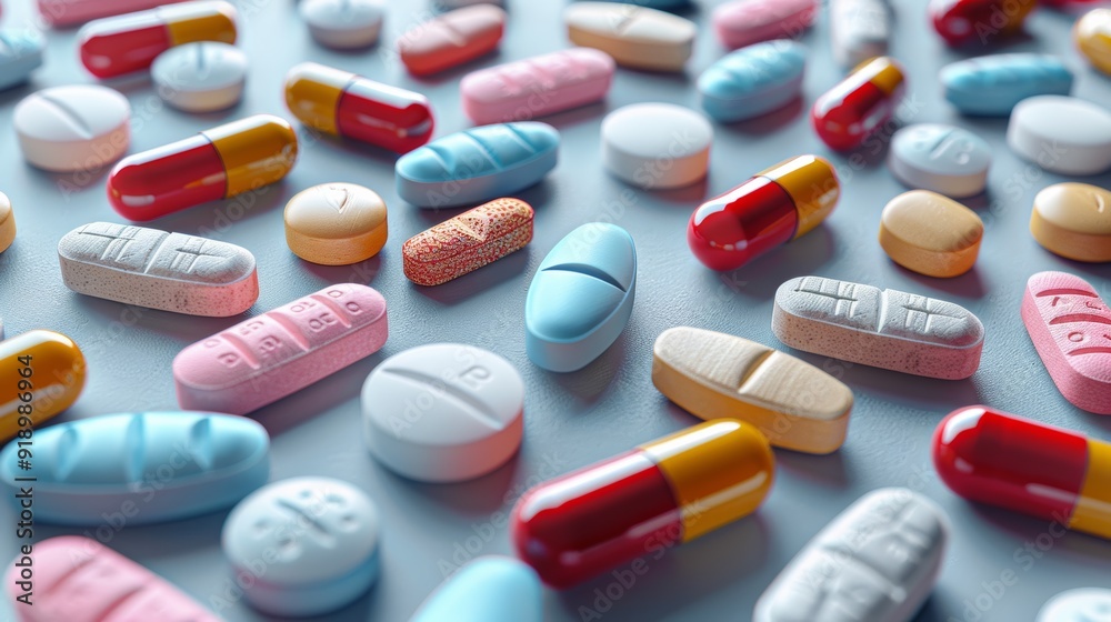 A variety of colorful pills and capsules scattered across a surface, showcasing different shapes and sizes A variety of colorful pills and capsules scattered across a surface, showcasing different shapes and sizes