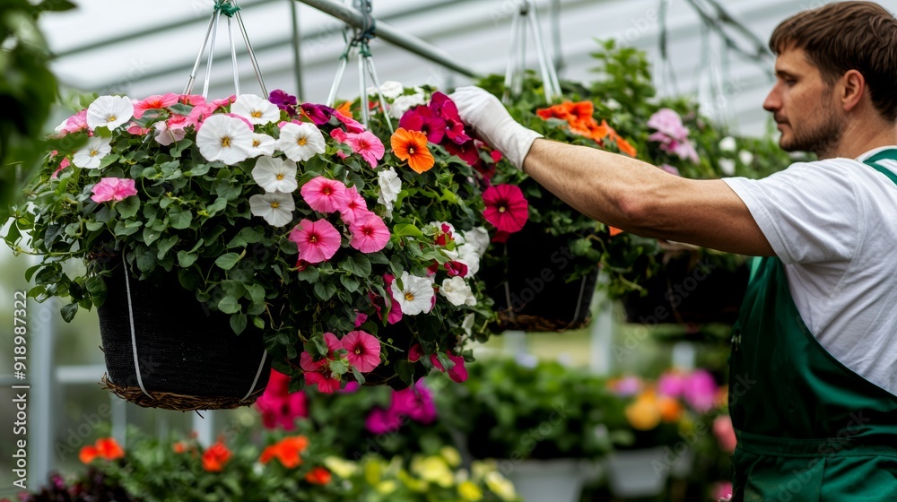 A gardener arranging hanging baskets of trailing ivy and colorful flowers in a greenhouse A gardener arranging hanging baskets of trailing ivy and colorful flowers in a greenhouse