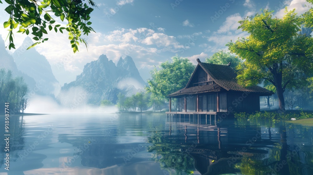 Obraz premium Tranquil Lakeside Retreat