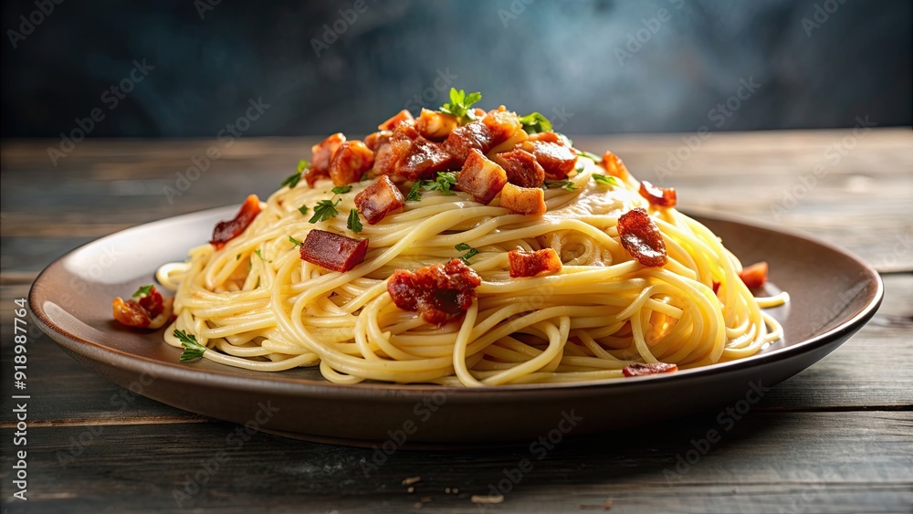 Fototapeta premium Plate of spaghetti topped with melted cheese and crispy bacon, spaghetti, cheese, bacon, pasta, Italian, delicious, meal, dinner