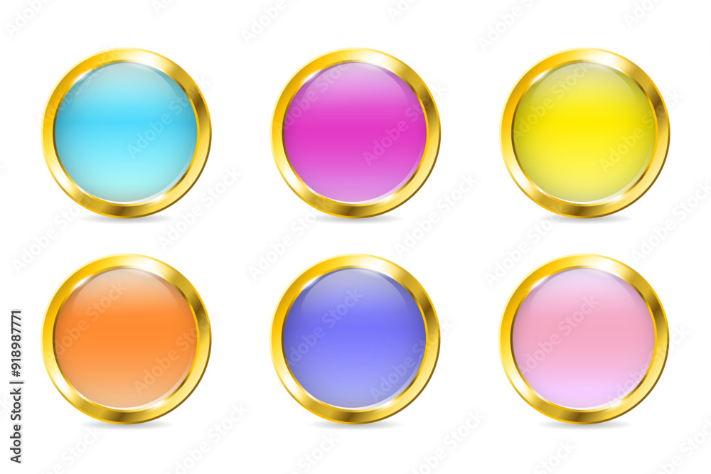 Realistic round button with golden frame. Golden badge set. Glossy bleu, pink, yellow, orange pin Realistic round button with golden frame. Golden badge set. Glossy bleu, pink, yellow, orange pin