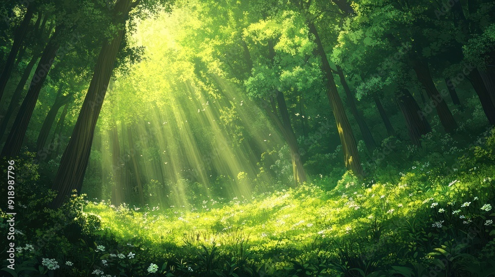 Obraz premium Sunbeams Illuminating a Lush Forest Clearing
