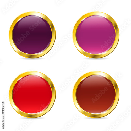 Realistic round gradient red maroon button with golden frame. Golden badge set