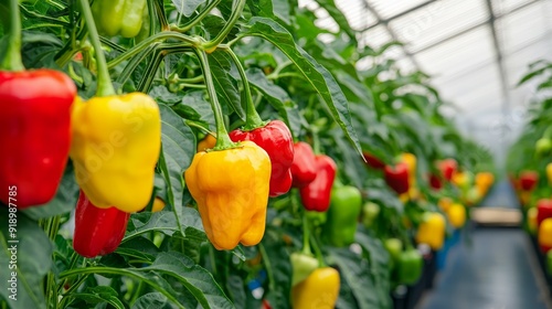 A greenhouse with rows of pepper plants, their colorful fruits hanging from the branches photo