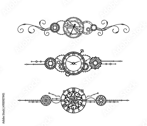 Black decorative elements with vintage watch, clock-face, gears, dragonfly, cogwheels, curls and chains isolated on a white background. Mechanism. Steampunk. Vector set for greeting card, label, print