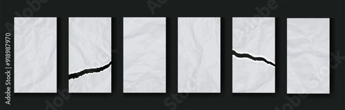 Crumpled Paper Notebook sheets for social media stories or cards. Realistic set of empty white pages with wrinkle for collage or scrapbook. Vertical blank old torn pieces of wallpaper with crease