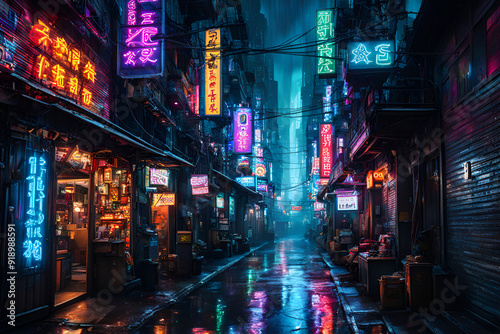 A dark, narrow alley illuminated by neon signs in a bustling cyberpunk city, with rain-slicked streets reflecting the colorful lights.