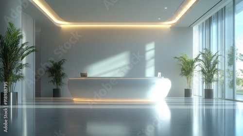 Modern Office Reception Area with White Reception Desk and Palm Trees photo