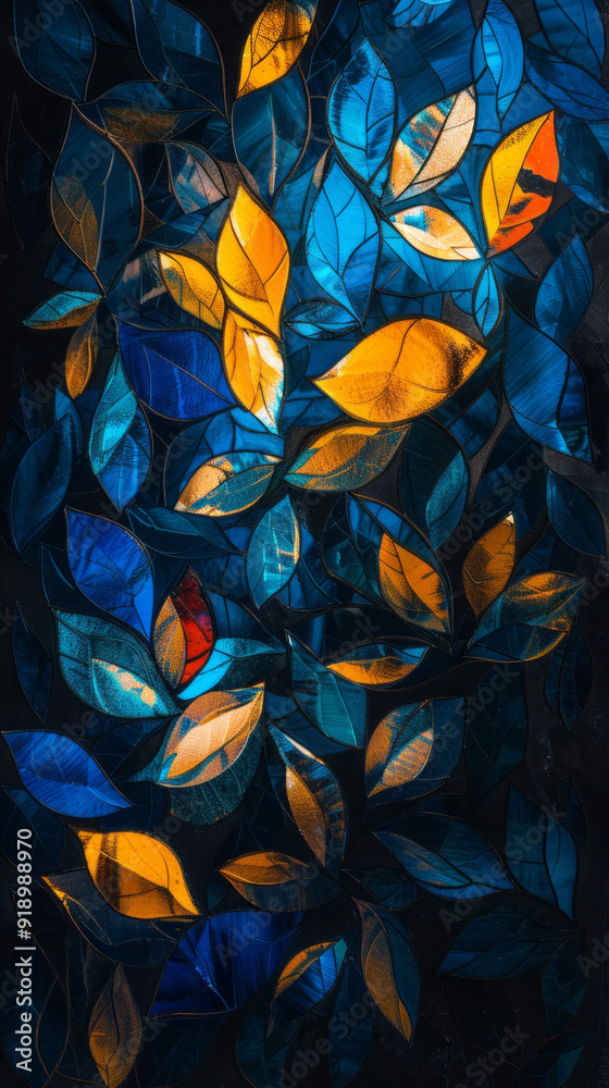 A blue and orange floral painting on a dark background features a stained glass effect, religious symbolism, and multilayered dimensions in dark yellow and light gold. A blue and orange floral painting on a dark background features a stained glass effect, religious symbolism, and multilayered dimensions in dark yellow and light gold.
