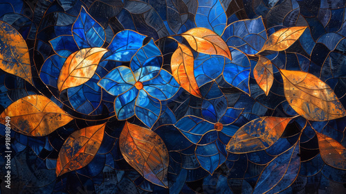 A blue and orange floral painting on a dark background features a stained glass effect, religious symbolism, and multilayered dimensions in dark yellow and light gold. photo