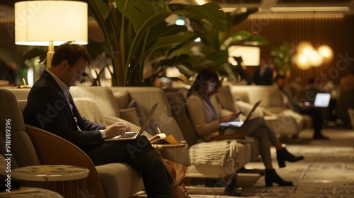 A serene airport lounge area, with plush seating, soft ambient lighting, and travelers quietly reading or working on their laptops