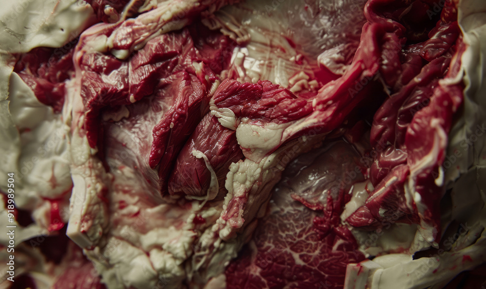 Obraz premium A close-up view of a piece of beef shows light beige and red tones.