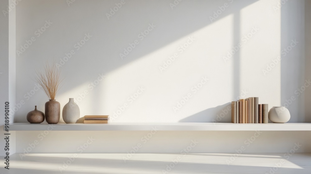 Minimalist White Shelf with Vases and Books in Sunlight Minimalist White Shelf with Vases and Books in Sunlight