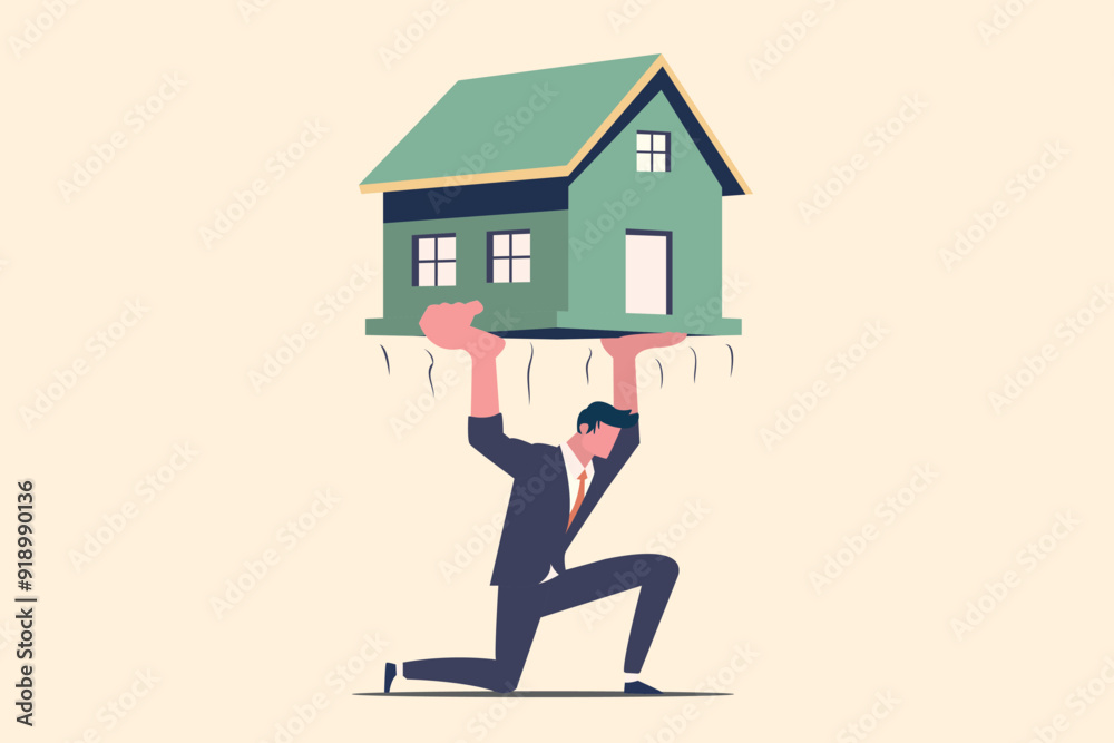 debt and loan concept. money - interest economic crisis. business man lift house up in air, tired - exhausted . minimal flat cartoon vector debt and loan concept. money - interest economic crisis. business man lift house up in air, tired - exhausted . minimal flat cartoon vector
