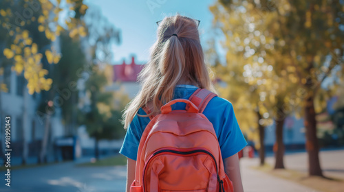 Back view of a school girl with backpack going to high school or college at first time