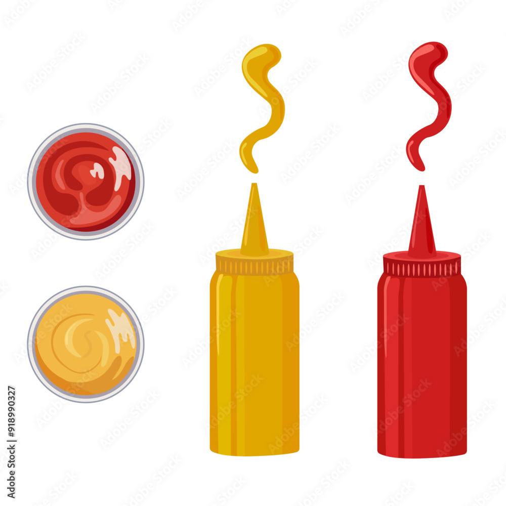 Obraz premium Vector sauces for fast food on a white background. Yellow and red bottle. A bottle of mustard and ketchup. Ceramic sauce pan with sauces