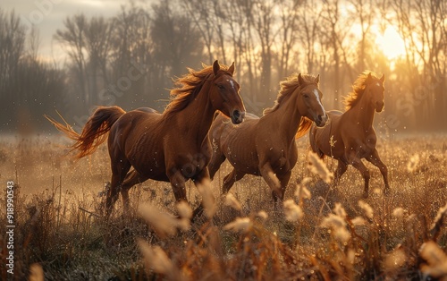 Three Horses Running Through a Golden Field