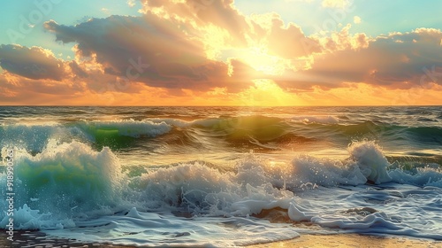 A serene beach scene with waves gently crashing against the shore and the sun setting in the distance, painting the sky with vibrant colors.