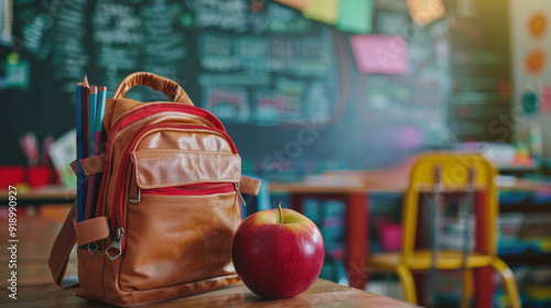 Backpack with healthy snack on a table in classroom in elementary school, preschool or kindergarten