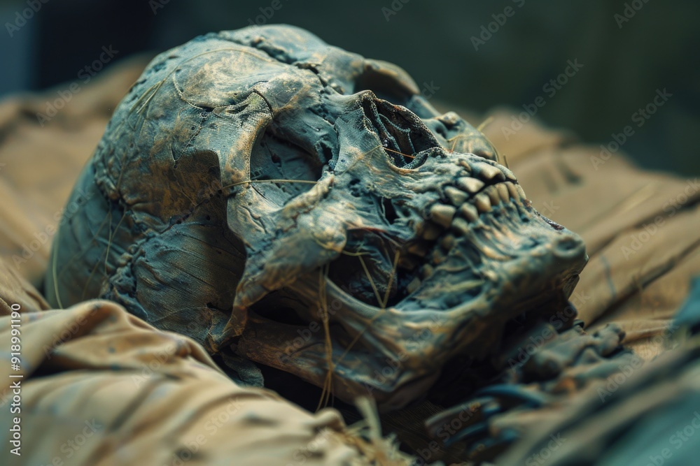 A close-up view of a human skull on a blanket, suitable for use in dark or eerie scenes A close-up view of a human skull on a blanket, suitable for use in dark or eerie scenes