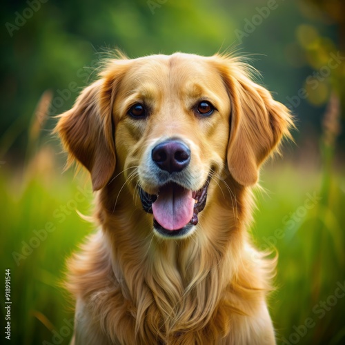 Golden Retriever with Happy Expression in Green Field