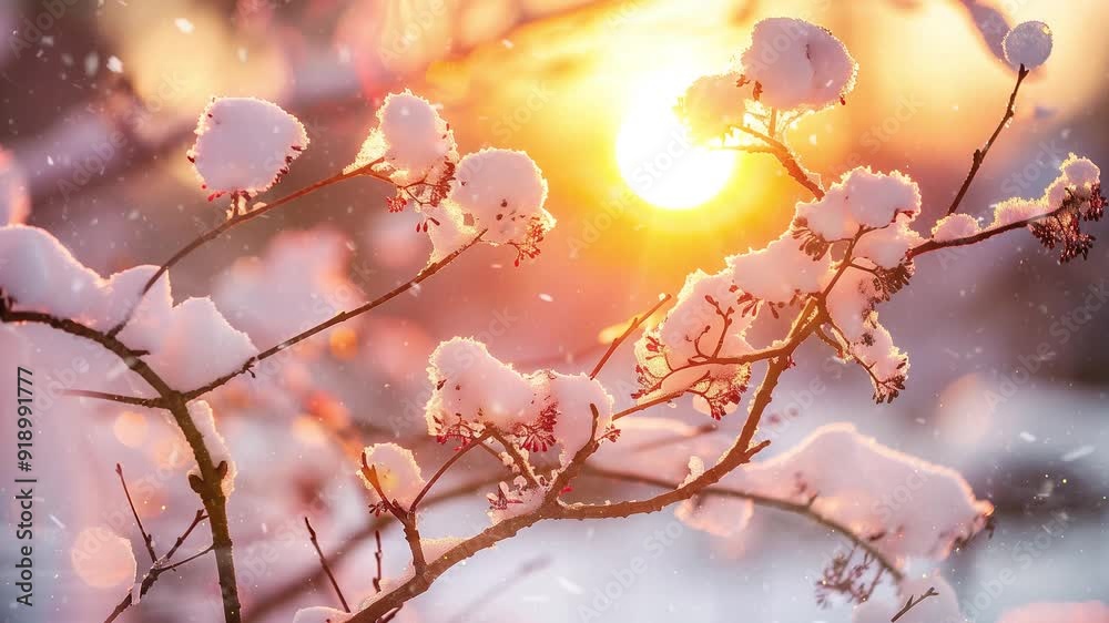 snow covered tree branch at sunset seamless looping overlay 4k virtual video animation background