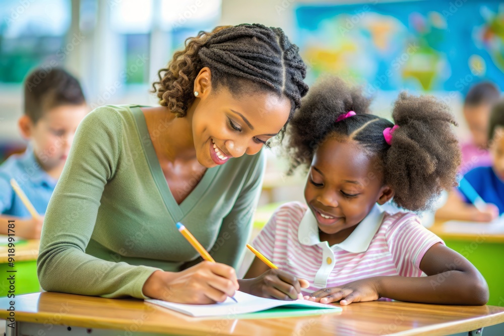 Teacher Helping Black Girl with Homework in Classroom