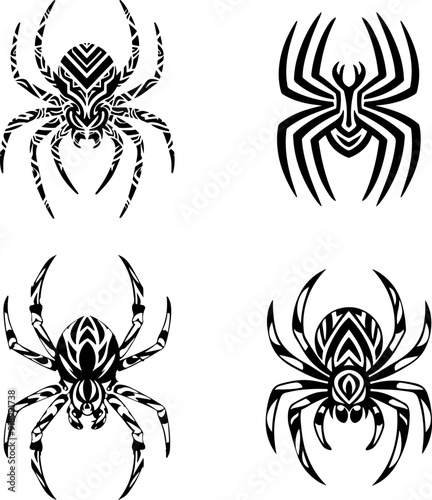 Tribal Polynesian style spider tattoos. Set of vector black sketches on transparent background
