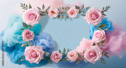 Delicate Floral Frame with Soft Pink Roses and Pastel Blue Smoke on Gradient Blue Background