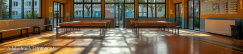 An empty classroom before classes start in school, back to school banner or education concept