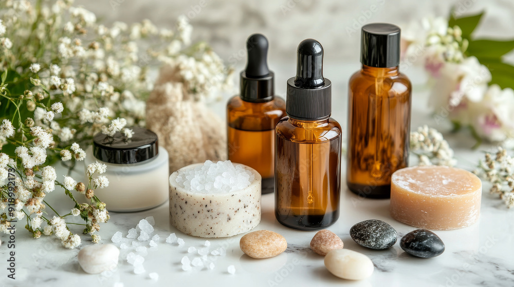 Beautiful bottles of cosmetic products, sea salt, stones, soap, and flowers are arranged on a white marble table. Beautiful bottles of cosmetic products, sea salt, stones, soap, and flowers are arranged on a white marble table.