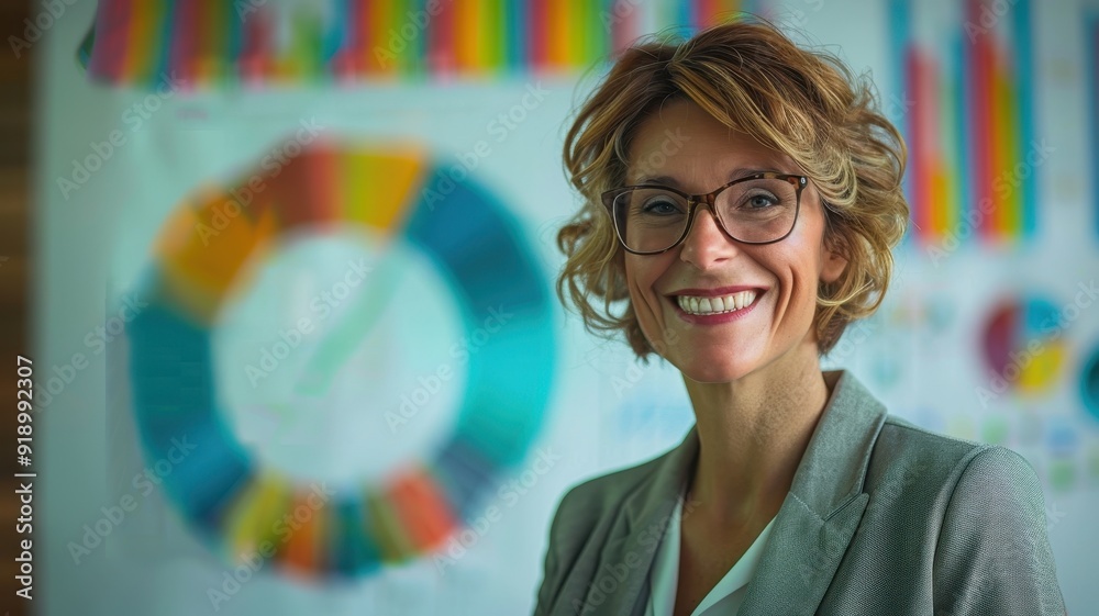 A confident businesswoman standing in front of a whiteboard filled with successful project charts, smiling after a successful presentation A confident businesswoman standing in front of a whiteboard filled with successful project charts, smiling after a successful presentation