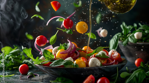 Fresh vegetable salad with tomatoes, mozzarella, and olive oil being drizzled