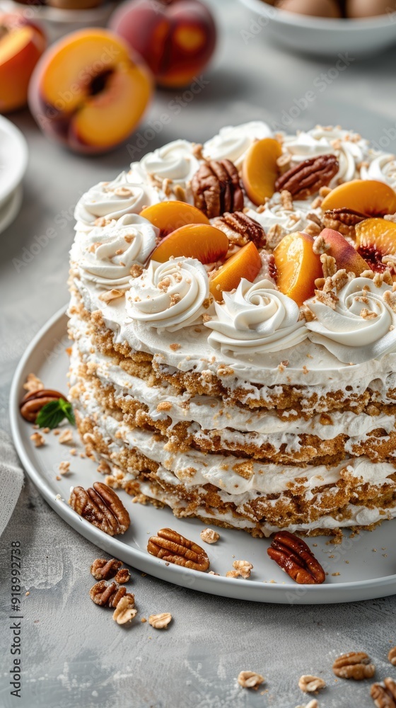Peaches and Cream Cake on a plate, with fresh peach slices visible and moist cake layer highlighted by a light background and elegant decoration for a delicious dessert. Peaches and Cream Cake on a plate, with fresh peach slices visible and moist cake layer highlighted by a light background and elegant decoration for a delicious dessert.