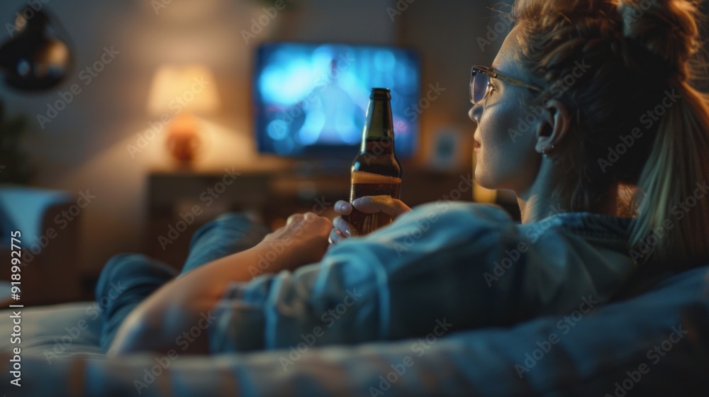 A woman is sitting on a couch and holding a beer A woman is sitting on a couch and holding a beer