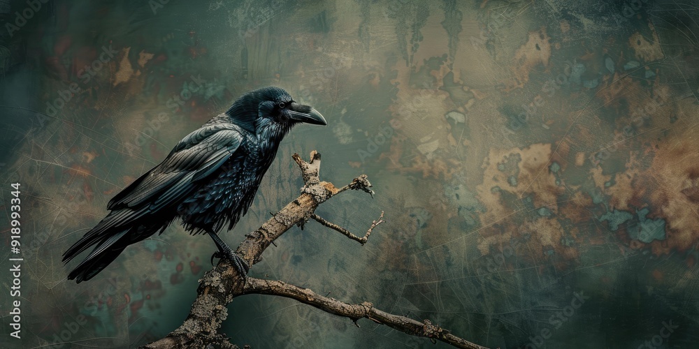 Fototapeta premium A black raven perched on a branch.
