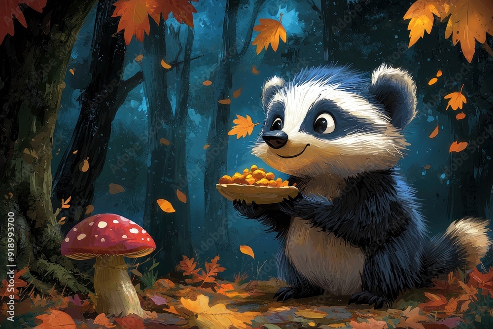 Fototapeta premium Cute Raccoon Holding a Plate of Berries in an Autumn Forest