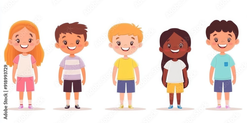 Smiling kids characters isolated. Diversity children standing cartoon illustration, Generative AI Smiling kids characters isolated. Diversity children standing cartoon illustration, Generative AI