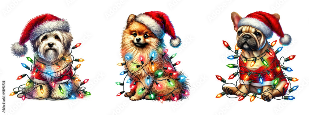 Christmas dogs in santa hats with colorful lights, Maltese, Pomeranian, and French Bulldog, isolated on transparent background Christmas dogs in santa hats with colorful lights, Maltese, Pomeranian, and French Bulldog, isolated on transparent background